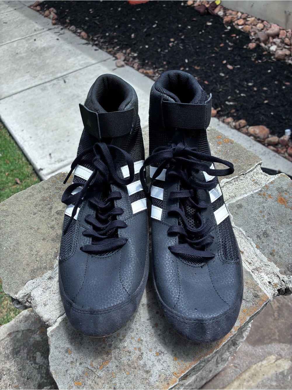 adidas Men's Wrestling Black High-Top Shoes with White Stripes size 10 1/2